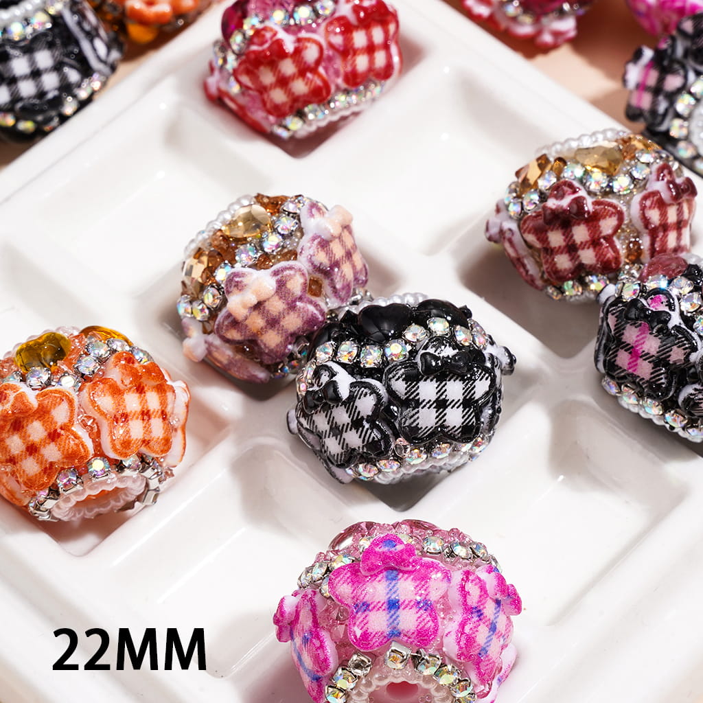Hand-Made Acrylic Beads w Plaid Stars, AB Rhinestone & White Pearl Chains, 22MM, Random Mix