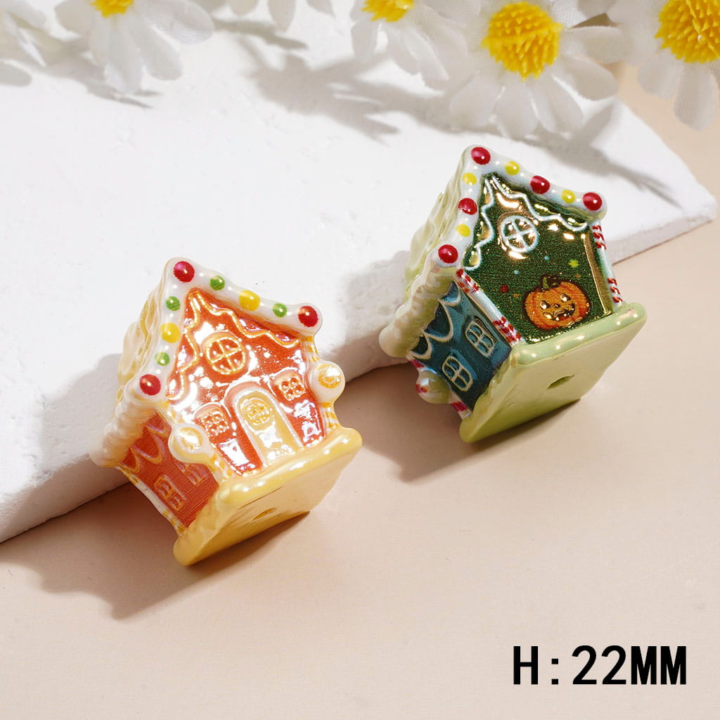 UV Coating Acrylic Beads Halloween & Christmas Mini House Design, Height 22MM, Random Mix