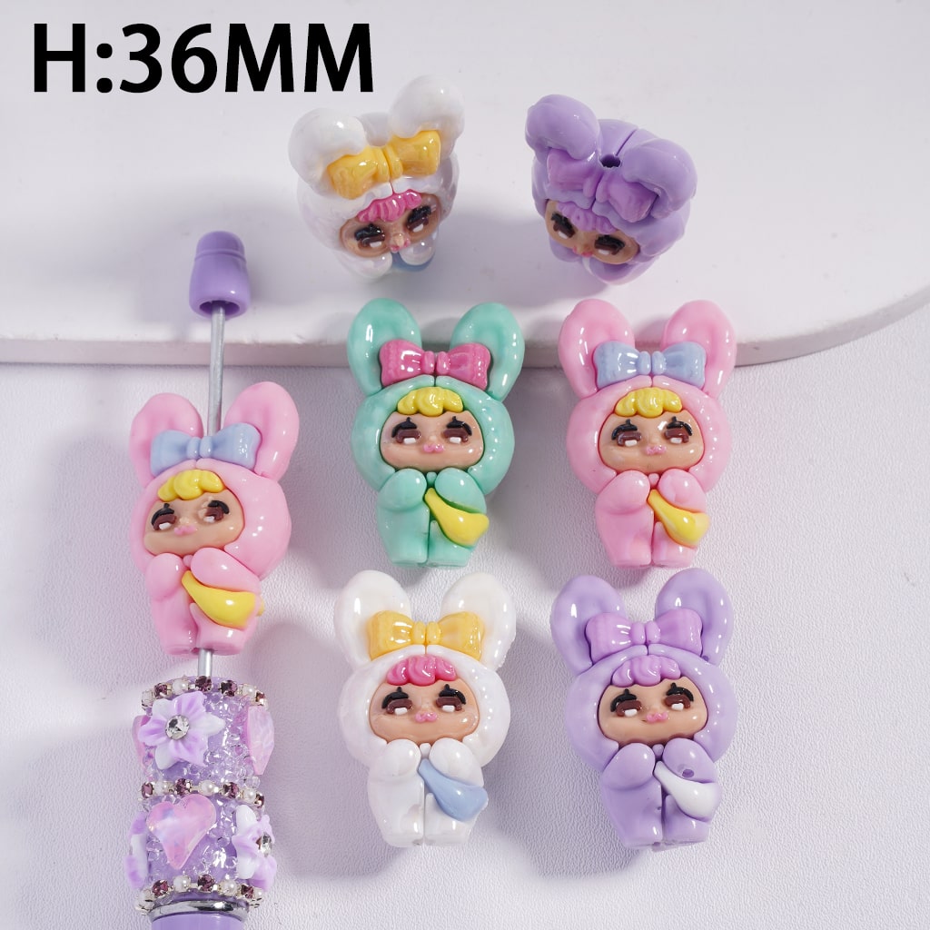 Soft PVC Rubber Beads Baby Girl Wearing Bunny Costume with Bag on the Chest, Height 36MM, Multi-Color, Random Mix