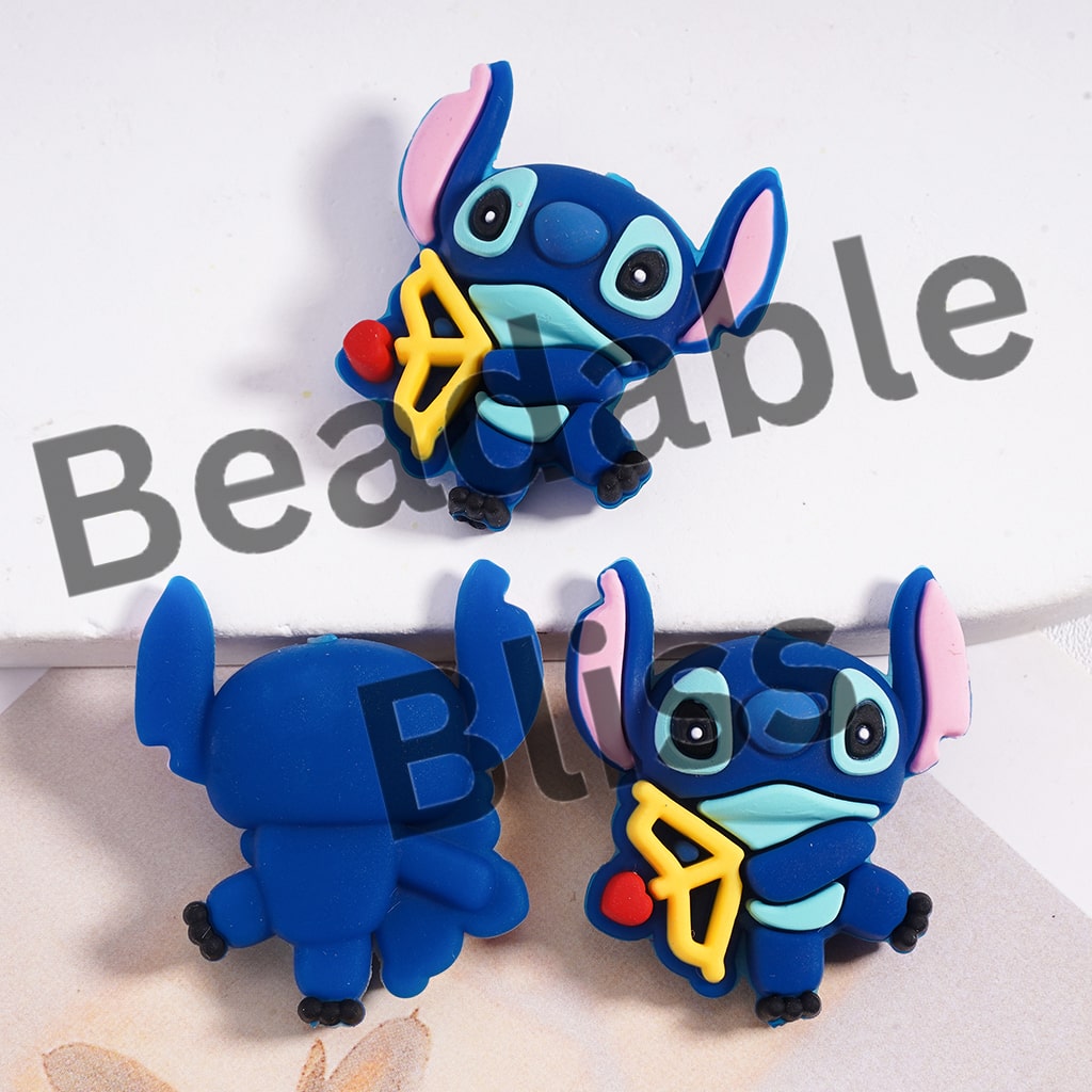 Silicone Focal Beads 3D Girl and Boy Blue Monster Holding Cupid's Arrow Valentine's Day, Pink and Blue