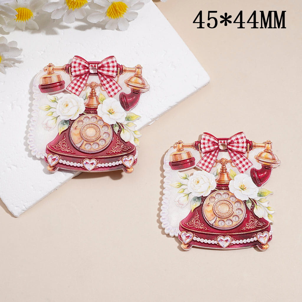 Acrylic Charm Pendants w Vintage Telephone Design, Floral Detail & Bow Accent, 45*44MM