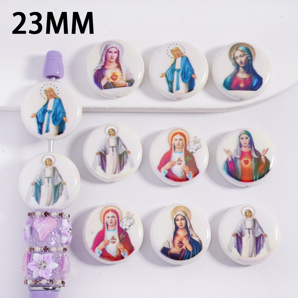 Set of 12 circular figurines with religious iconography on a white background, with a purple bracelet on the side.
