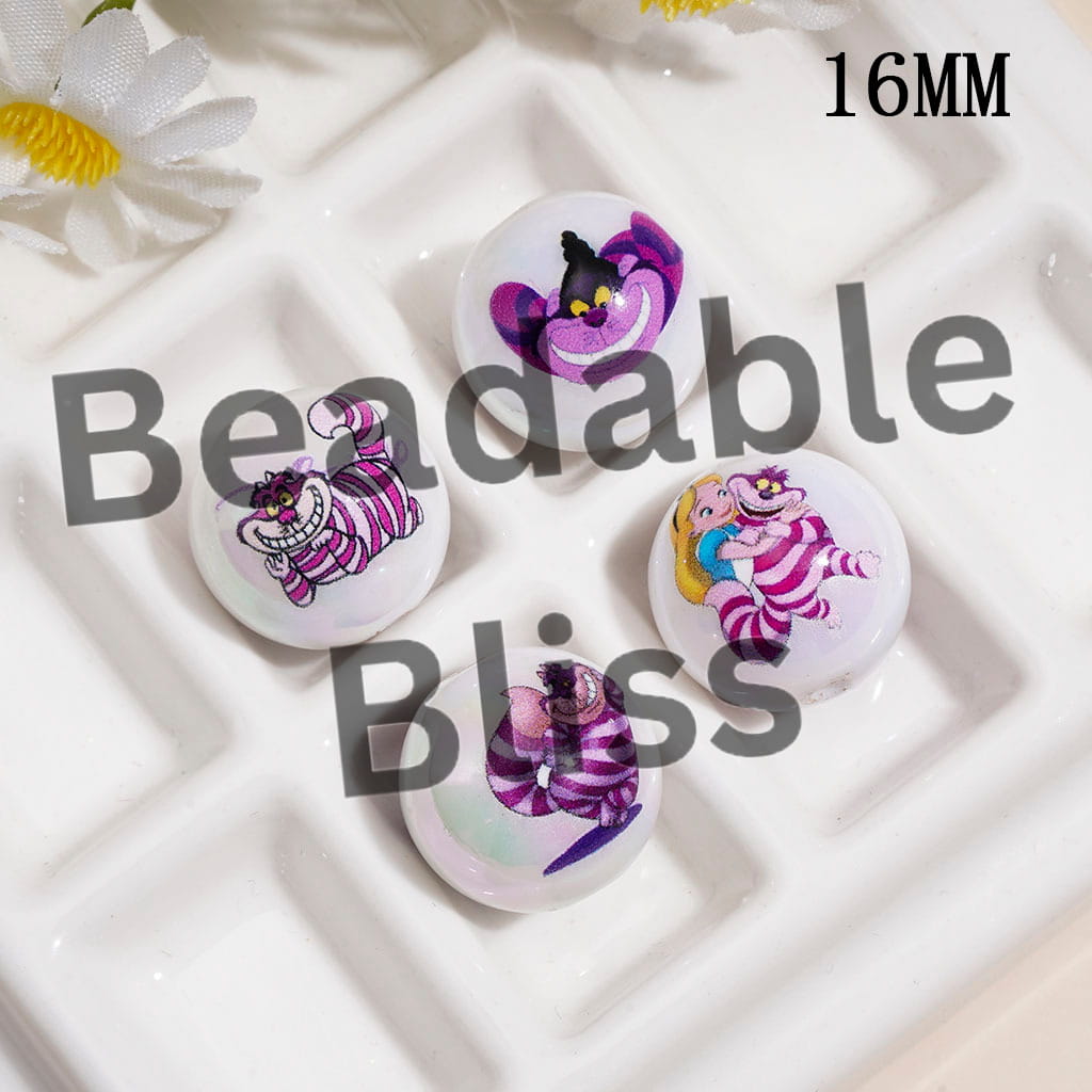 Acrylic Beads for Bracelets UV Coating w Girl and Laughing Cat Character Prints, 16MM, Random Mix