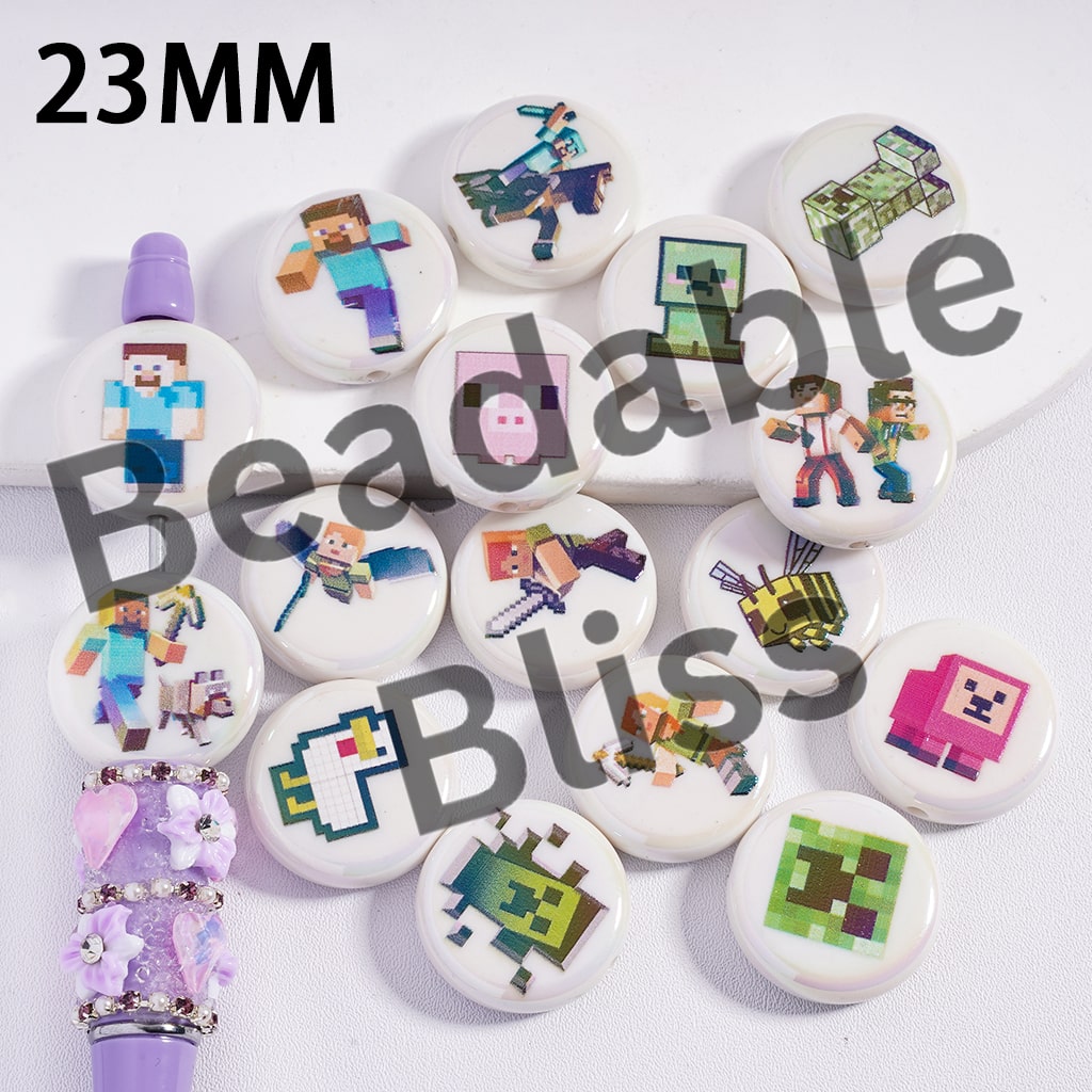 Collection of Minecraft-themed buttons and a purple clip on a white background with 'beadablebliss' text.