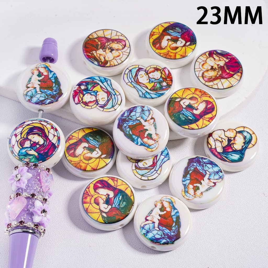 Set of 12 colorful religious-themed buttons with a purple handle on a white background.