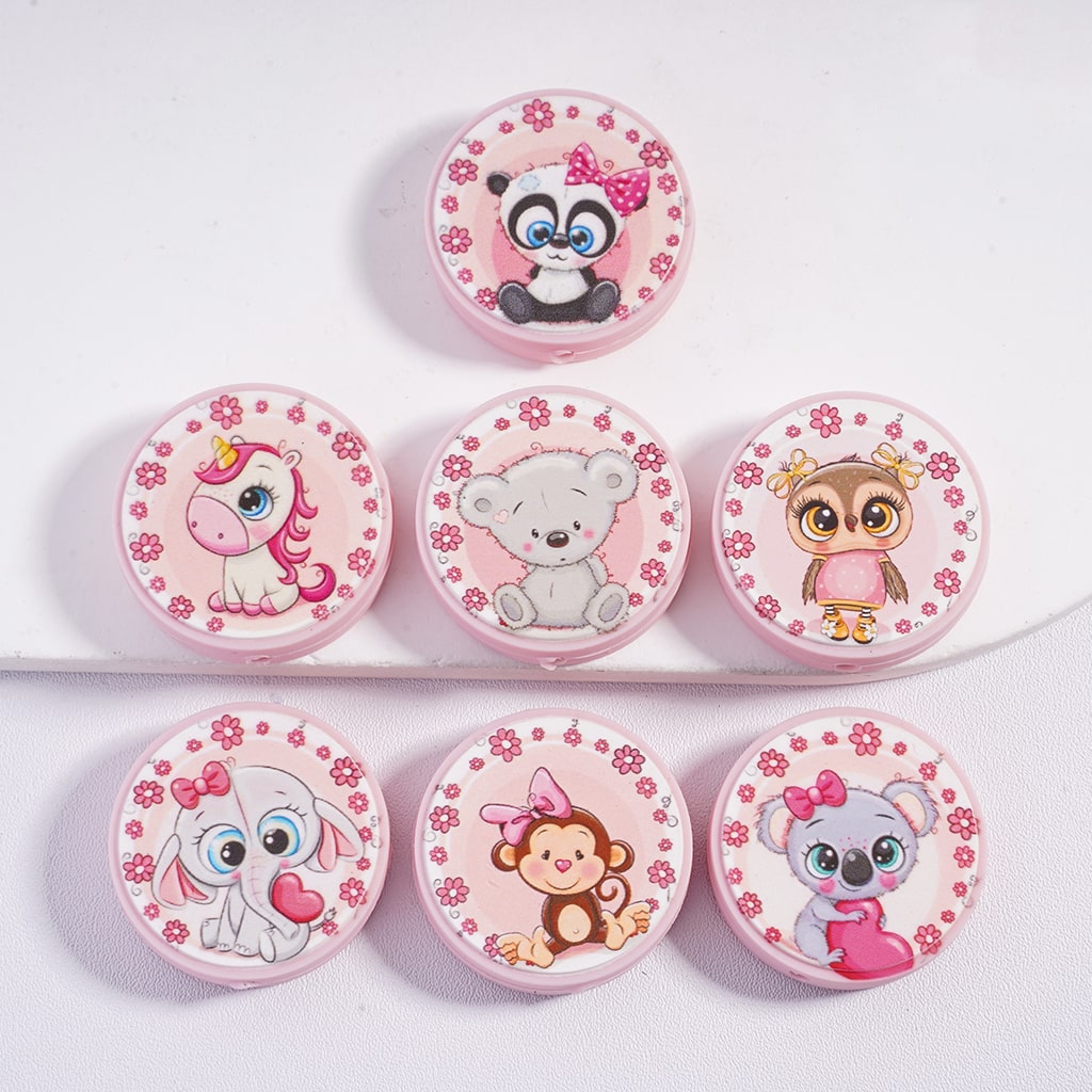 Silicone Focal Beads with Various Cute Animal and Flower Patterns, Flat Round Shape, Pink Series, Random Mix