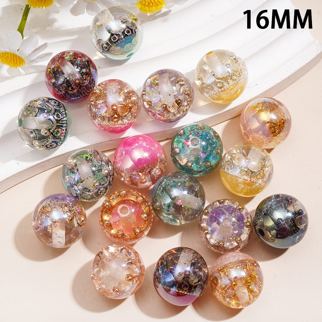 Transparent Acrylic Beads for Bracelet with Crown Detail & Embedded Glitter Flakes, 16MM, Random Mix