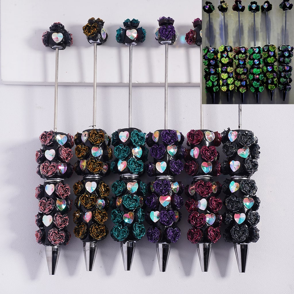 Beadable Clay Pens with Luminous Rose Flowers and Laser Iridescent Heart Rhinestones, with Glitter, Multi-Color, Random Mix