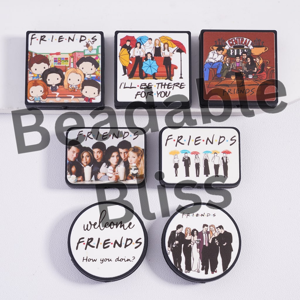 Set of 'Friends' themed coasters on a white background with 'beadablebliss' branding.