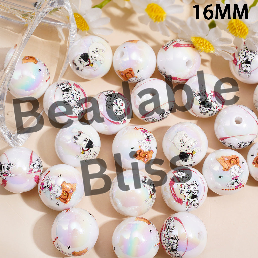 Acrylic Beads for Bracelets UV Coating w Loyal Dalmatians Dog Character, 16MM, Random Mix