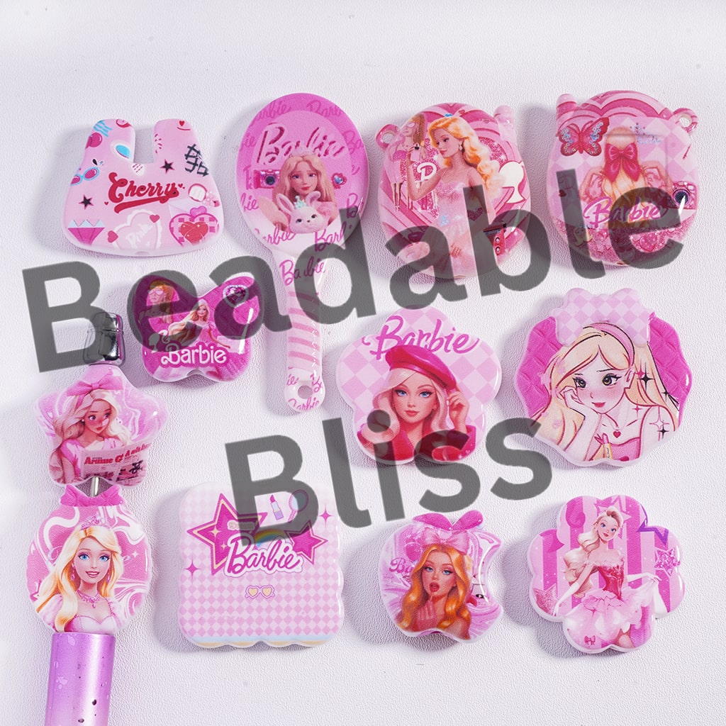 Barbie-themed beads with 'Beadable Bliss' text on a white background