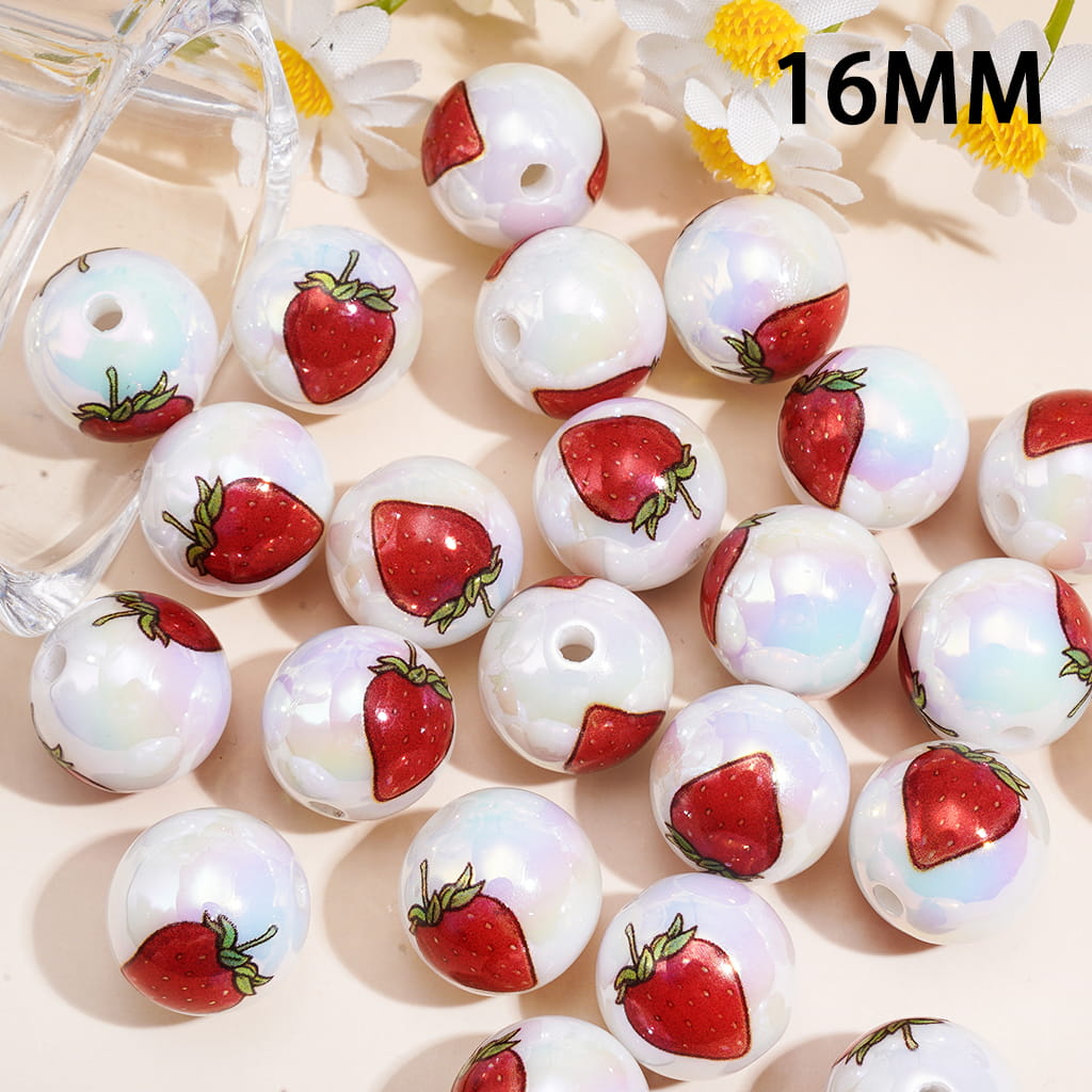 Acrylic Beads for Bracelets UV Coating with Red Strawberry Print, 16MM