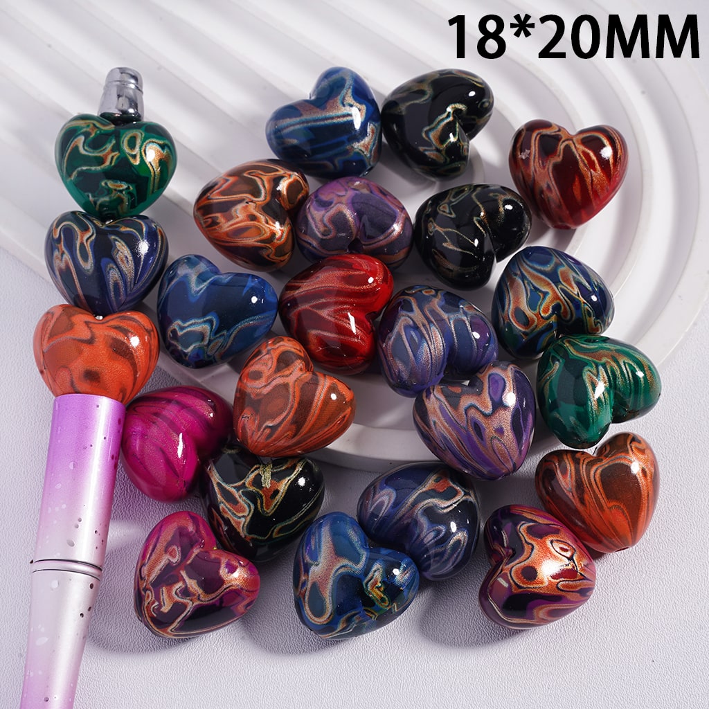 Acrylic Beads Heart Shape with Water Marbling Texture, 18*20MM, Multi-Color, Random Mix