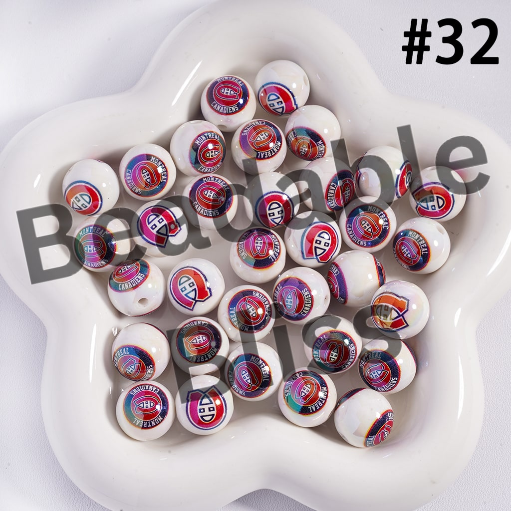 Acrylic Beads for Bracelets | Round with UV Coating Ice Hockey Team Pattern, 16MM