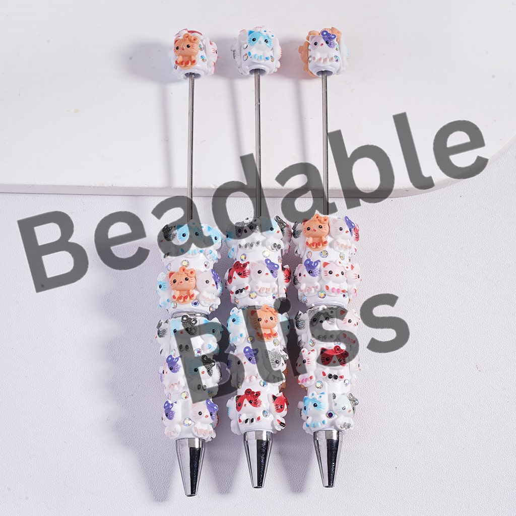 Beadable Clay Pens Cute Cat Character with Bowtie Series and AB Rhinestones