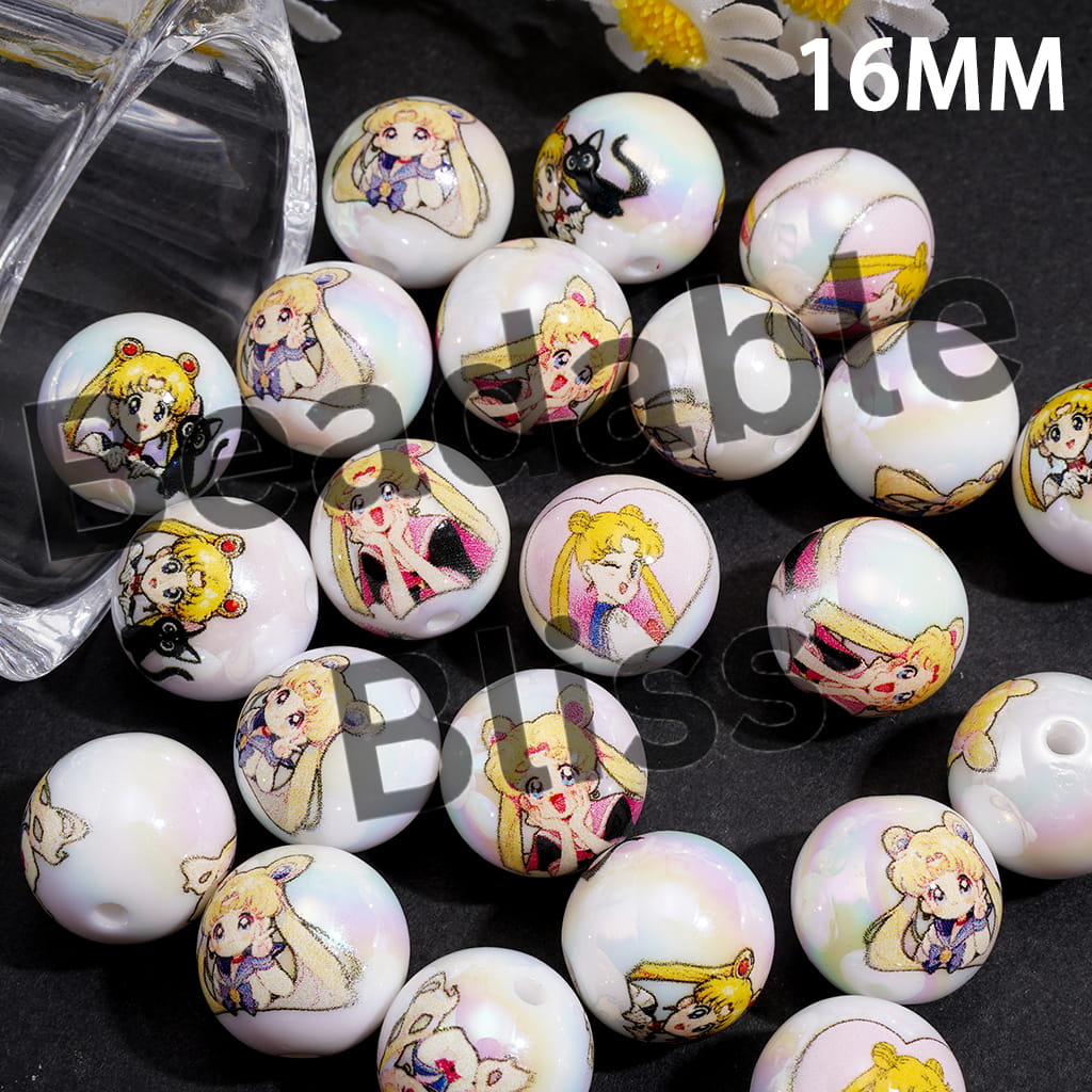 Acrylic Beads for Bracelets UV Coating w Magical Girl Guardian Character, Cartoon Style, 16MM, Random Mix