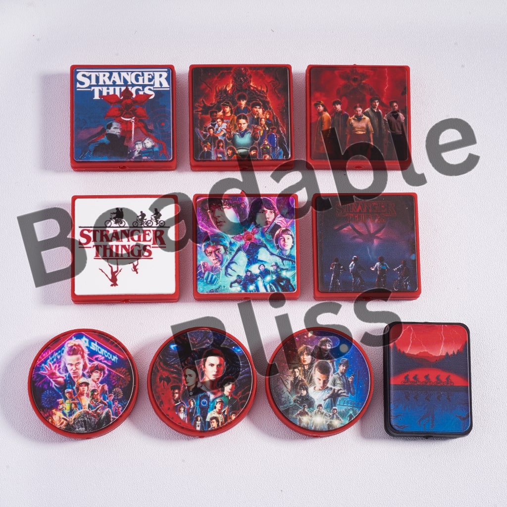 Collection of 'Stranger Things' themed coasters on a white background