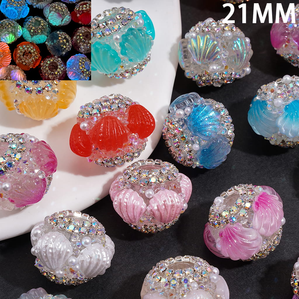 Hand-Made Sugar Acrylic Beads w Luminous Sea Shell Design, AB Rhinestone Chain & White Pearls, 21MM, Random Mix