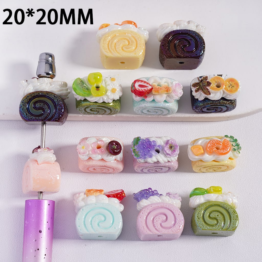 Assorted colorful miniature cake-shaped objects on a white background with '20*20MM' text.