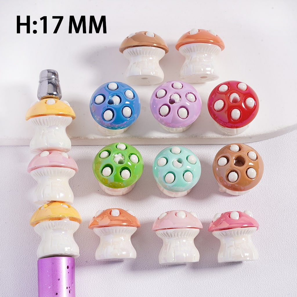 Colorful mushroom-shaped objects on a white background with 'H:17 MM' text.