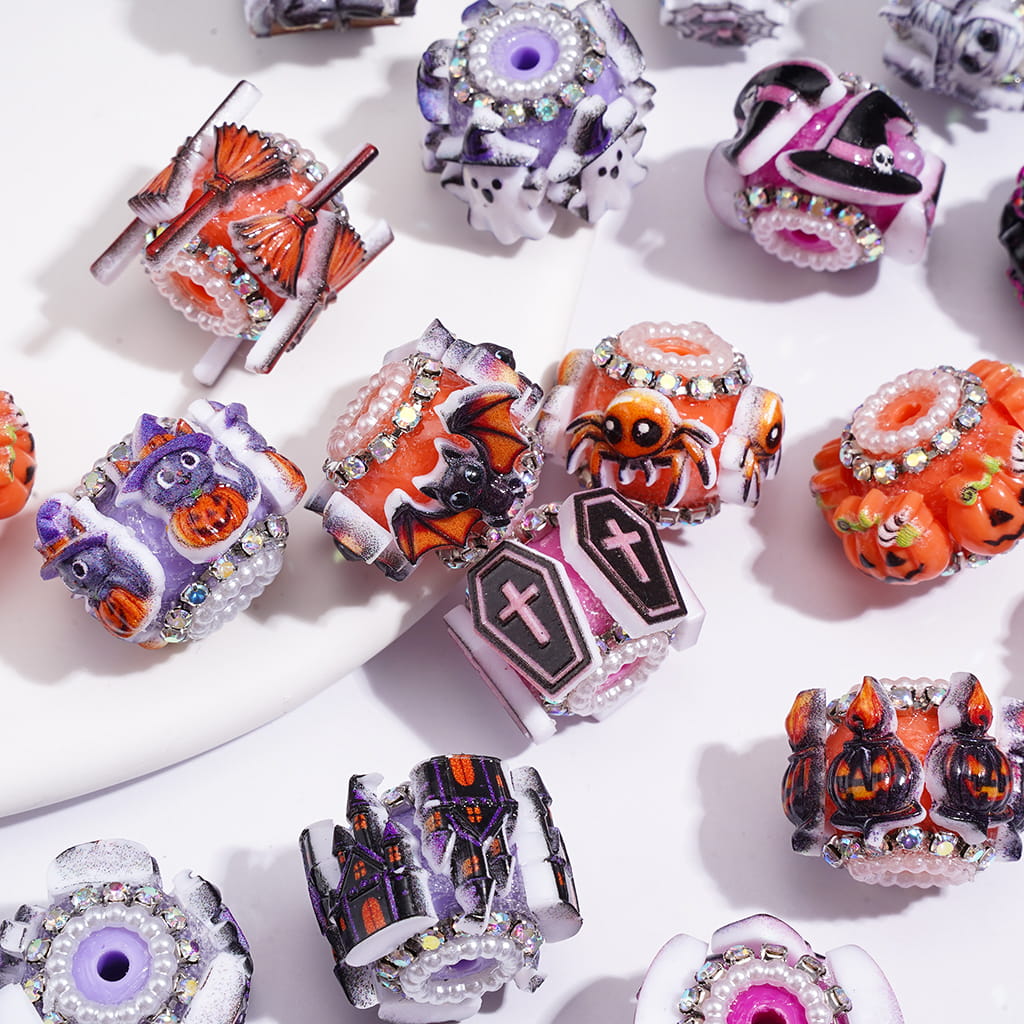 Hand-Made Acrylic Beads w Halloween Spooky Theme, AB Rhinestone Chain & Pearl Loop, Random Mix
