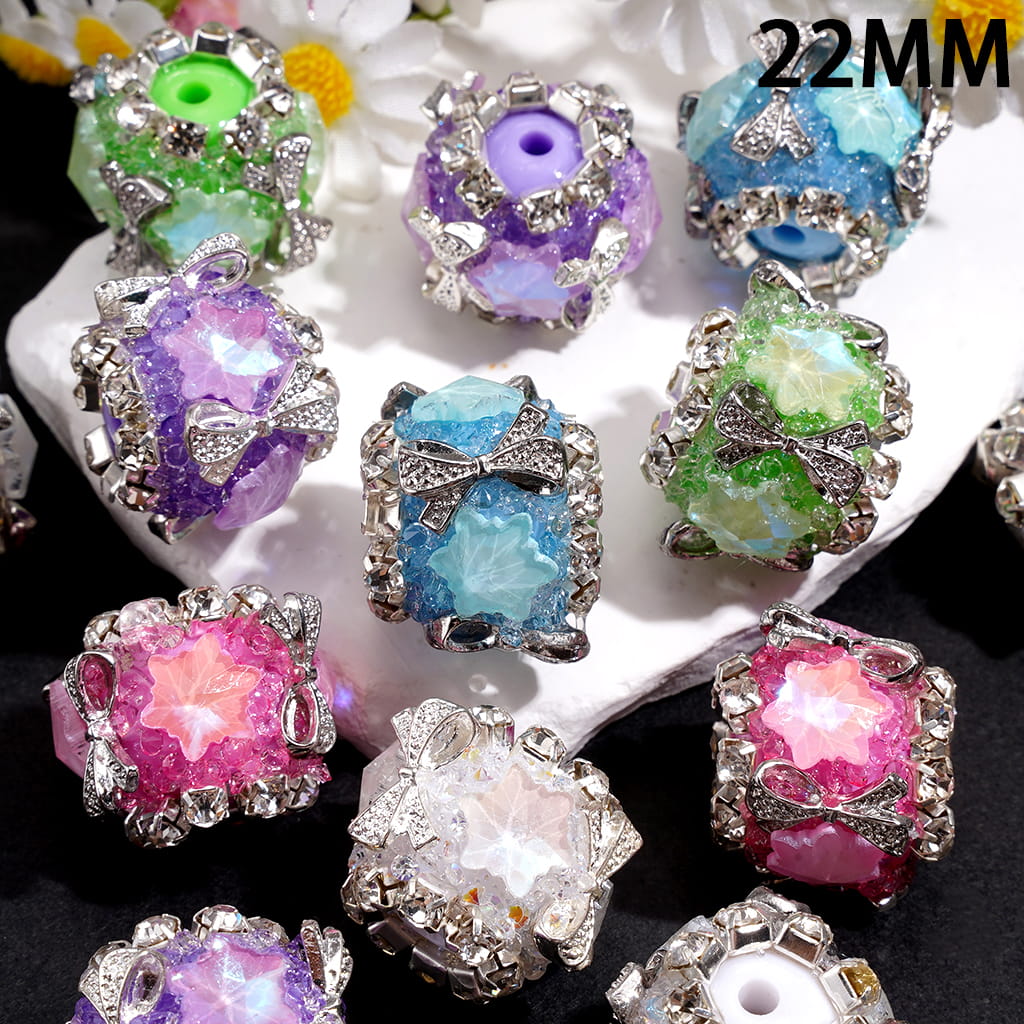 Hand-Made Sugar Acrylic Beads w Snowflake, Silver Metal Bow & Clear Rhinestone Chain, 22MM, Random Mix