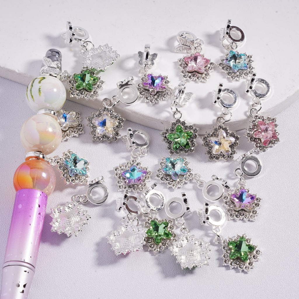 Silver Alloy Bail Beads with Butterfly, Charm Pendant Snowflake with Flower and Clear Rhinestones, Multi-Color, Random Mix