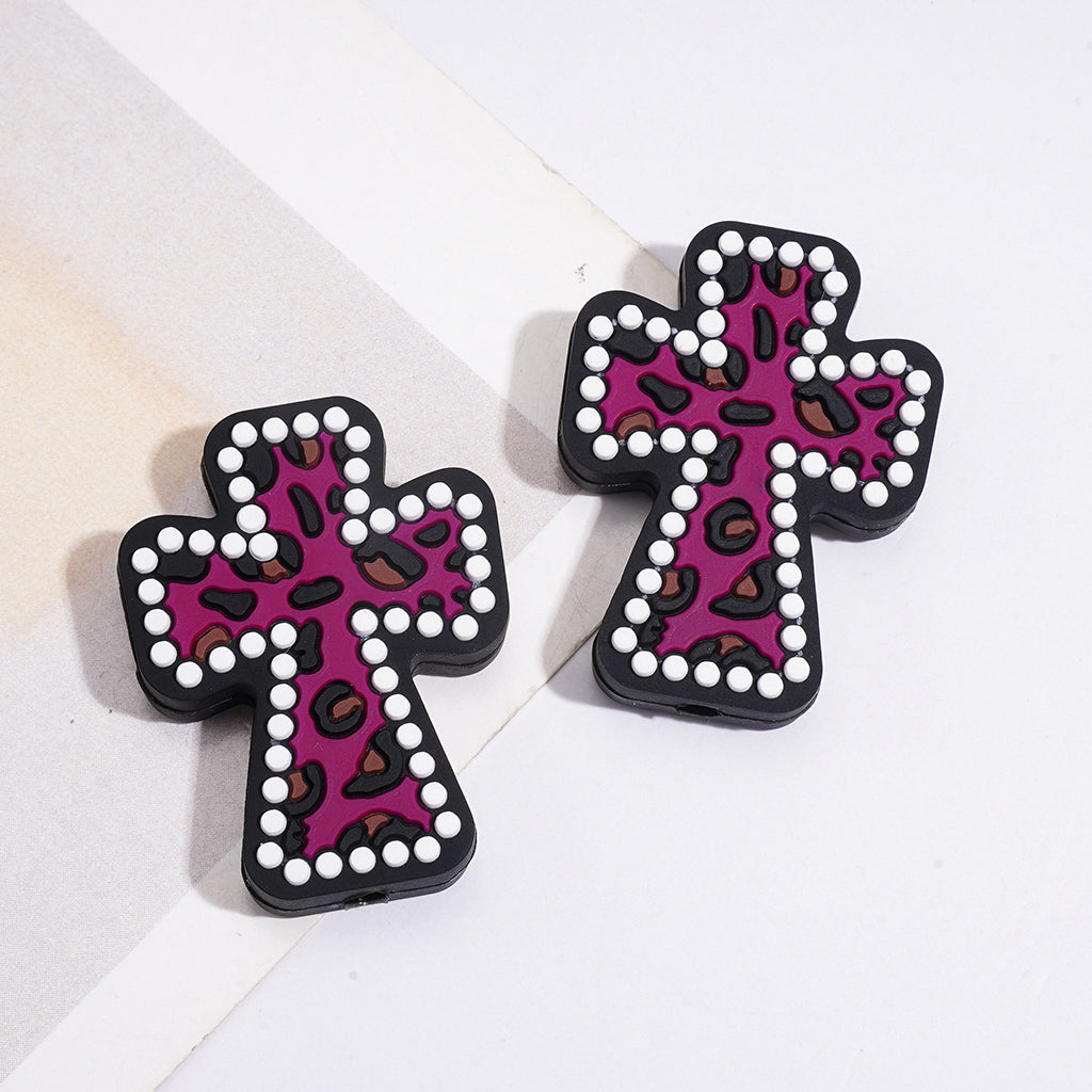 Silicone Focal Beads with Leopard Printed Cross in Various Colors