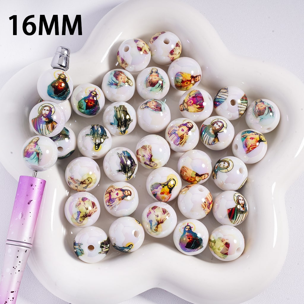 Acrylic Beads for Bracelets UV Coating with Christianity Jesus Series Prints, 16MM, Round, Random Mix