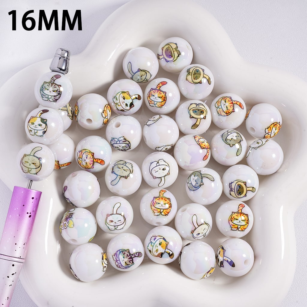 Acrylic Beads for Bracelets UV Coating with Plump Cat Series Prints, 16MM, Round, Random Mix