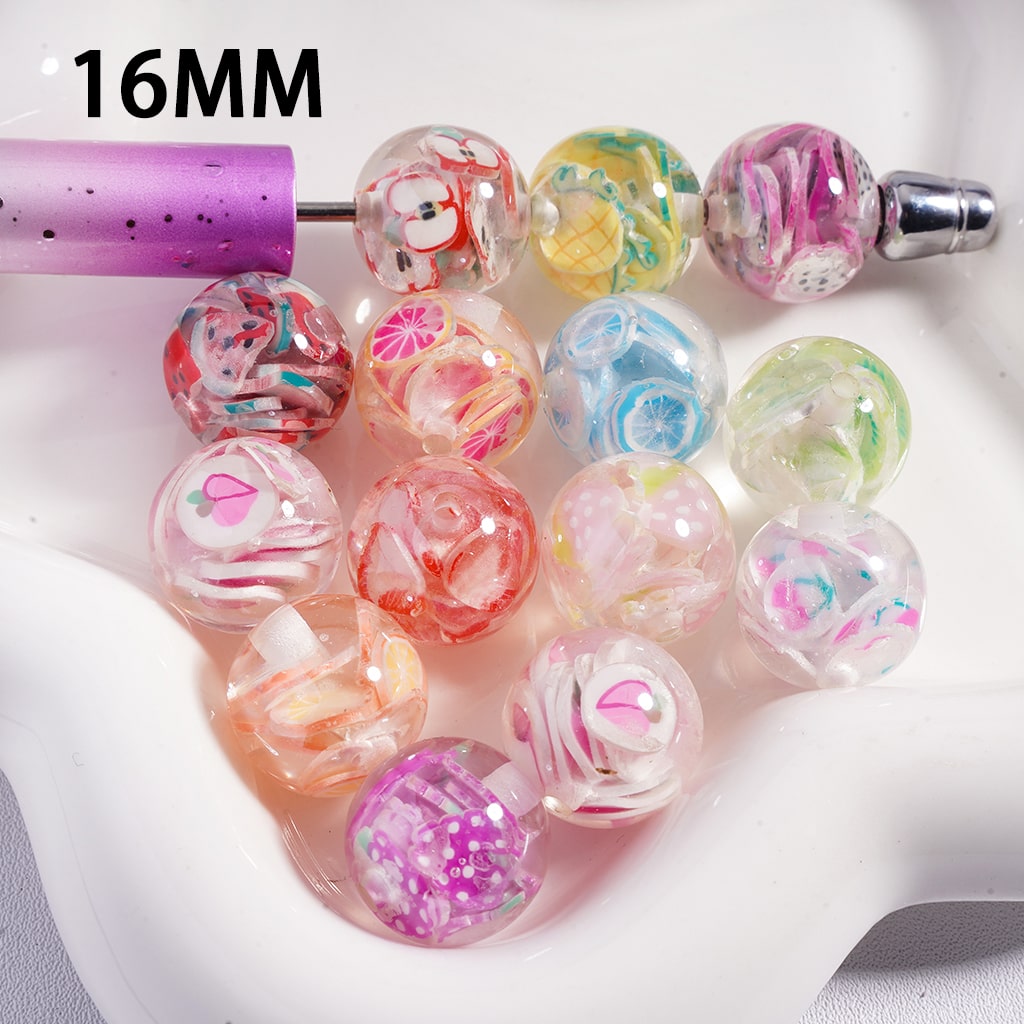 Colorful marbled beads with a purple tool on a white background, labeled '16MM'.