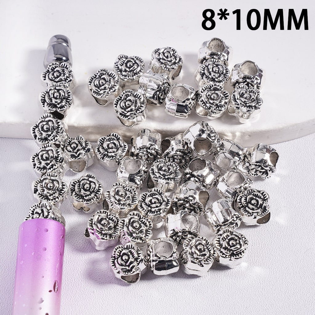 Silver rose-shaped beads with a measuring stick indicating size 8*10MM on a white background.