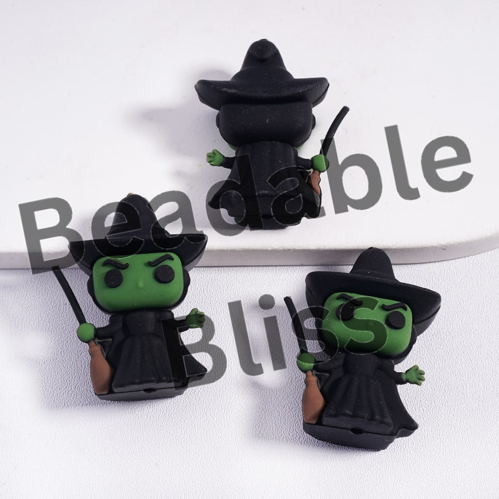Silicone Focal Beads 3D Green-Skinned Evil Witch Character with Black Hat and Clothes Holding Broom