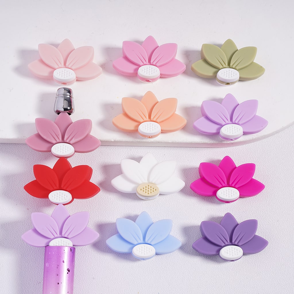 Silicone Focal Beads Lotus Flower Series in Various Colors, Random Mix