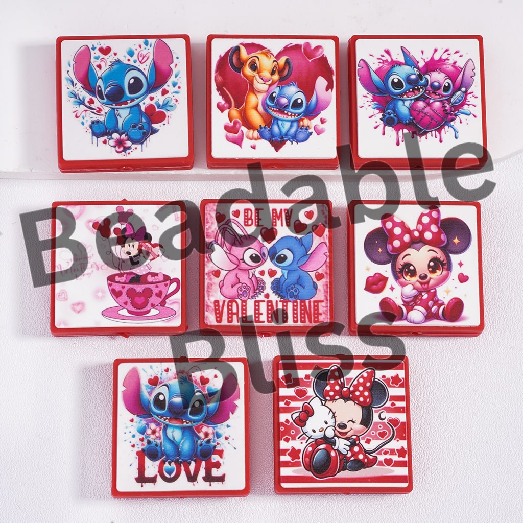 Silicone Focal Beads Classic Animation Series Valentine's Day, Flat Square Shape, Random Mix