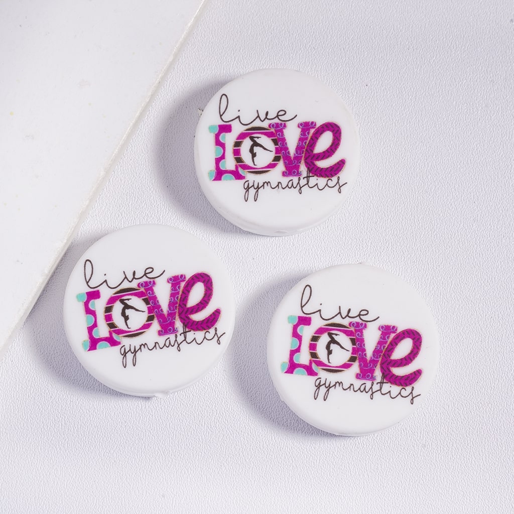 Silicone Focal Beads with Text " live Love gymnastics" on White Background, Flat Round Shape