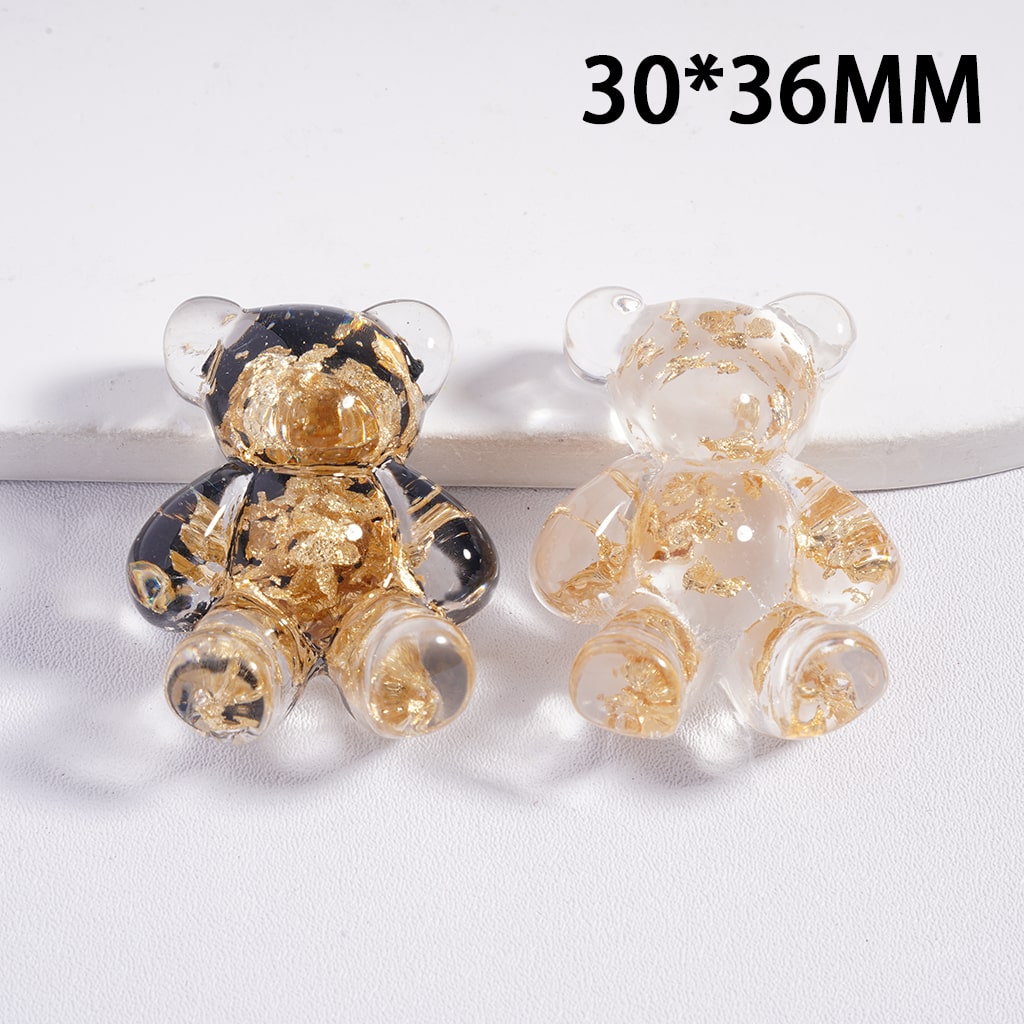 Acrylic Beads Bear with Gold Foil Paper Embedded Inside, 30*36MM, Translucent, Random Mix, Black and White