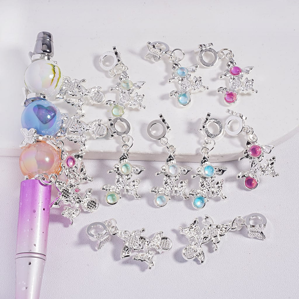 Silver Alloy Bail Beads with Butterfly, Charm Pendant with Rhinestones & Butterfly Wings in Open-Closed Form, Multi-Color, Random Mix