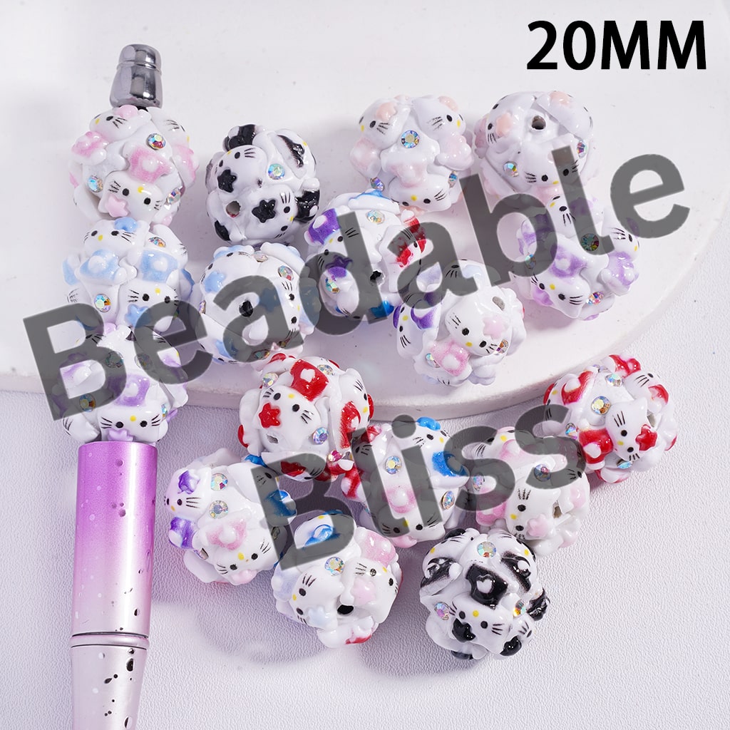 Clay Beads with Cute Cat Character Sitting Sideways Series and AB Rhinestones, 20MM, Multi-Color, Random Mix