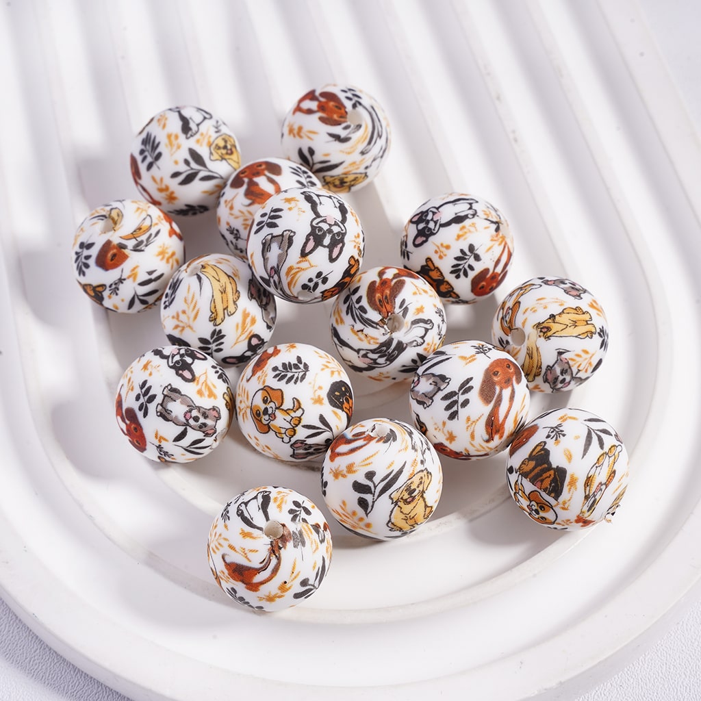 Printed Silicone Beads Soft Round with Dog Series and Leaf Branch Prints, 15MM