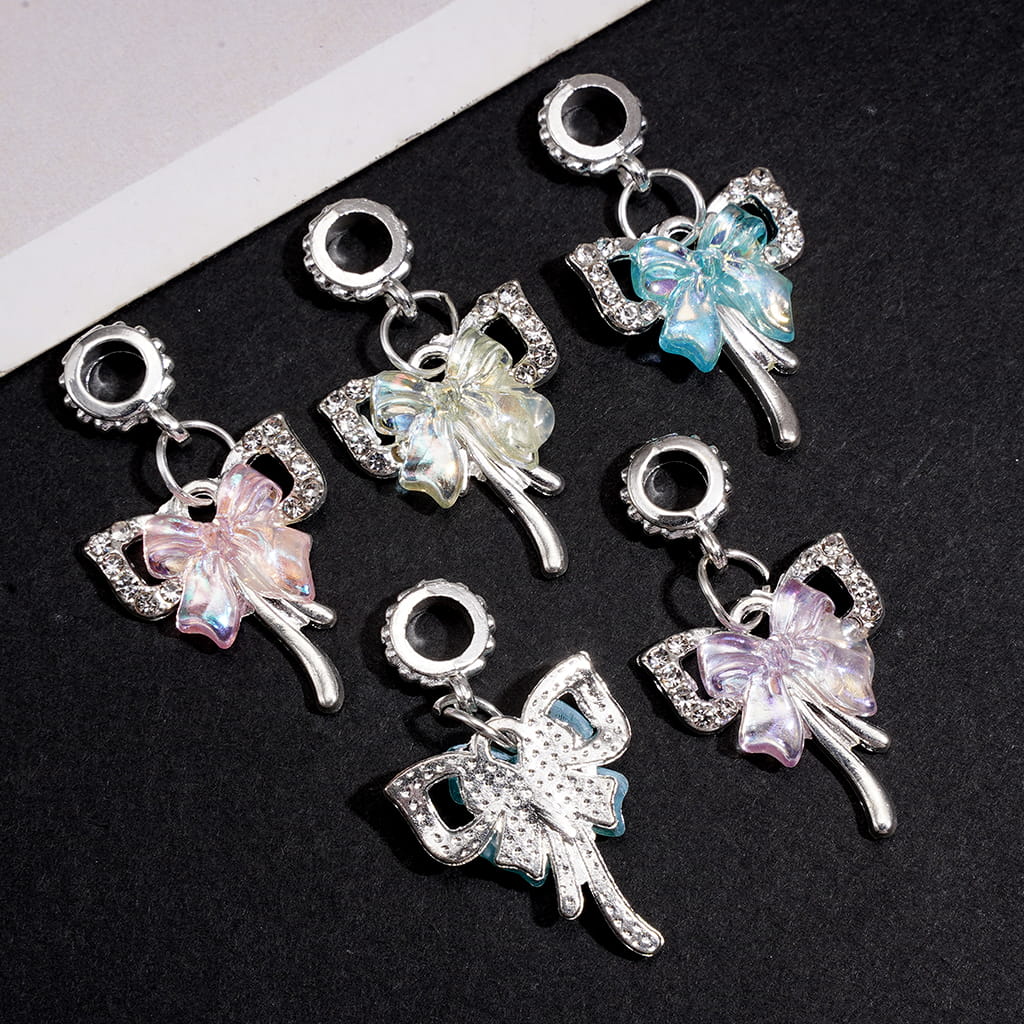 Silver Alloy Bail Beads, Charm Pendant Glossy Bowtie Frame w Clear Rhinestones & UV Coating Bowtie, Multi-Color, Random Mix