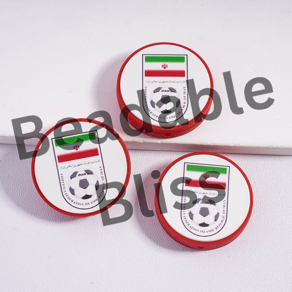 Silicone Focal Beads Iran Football Soccer Team, Flat Round Shape