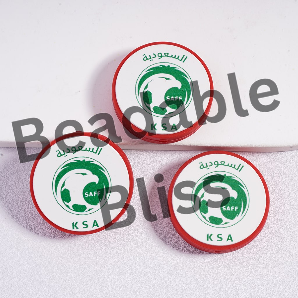 Silicone Focal Beads Saudi Arabia Football Soccer Team, Flat Round Shape