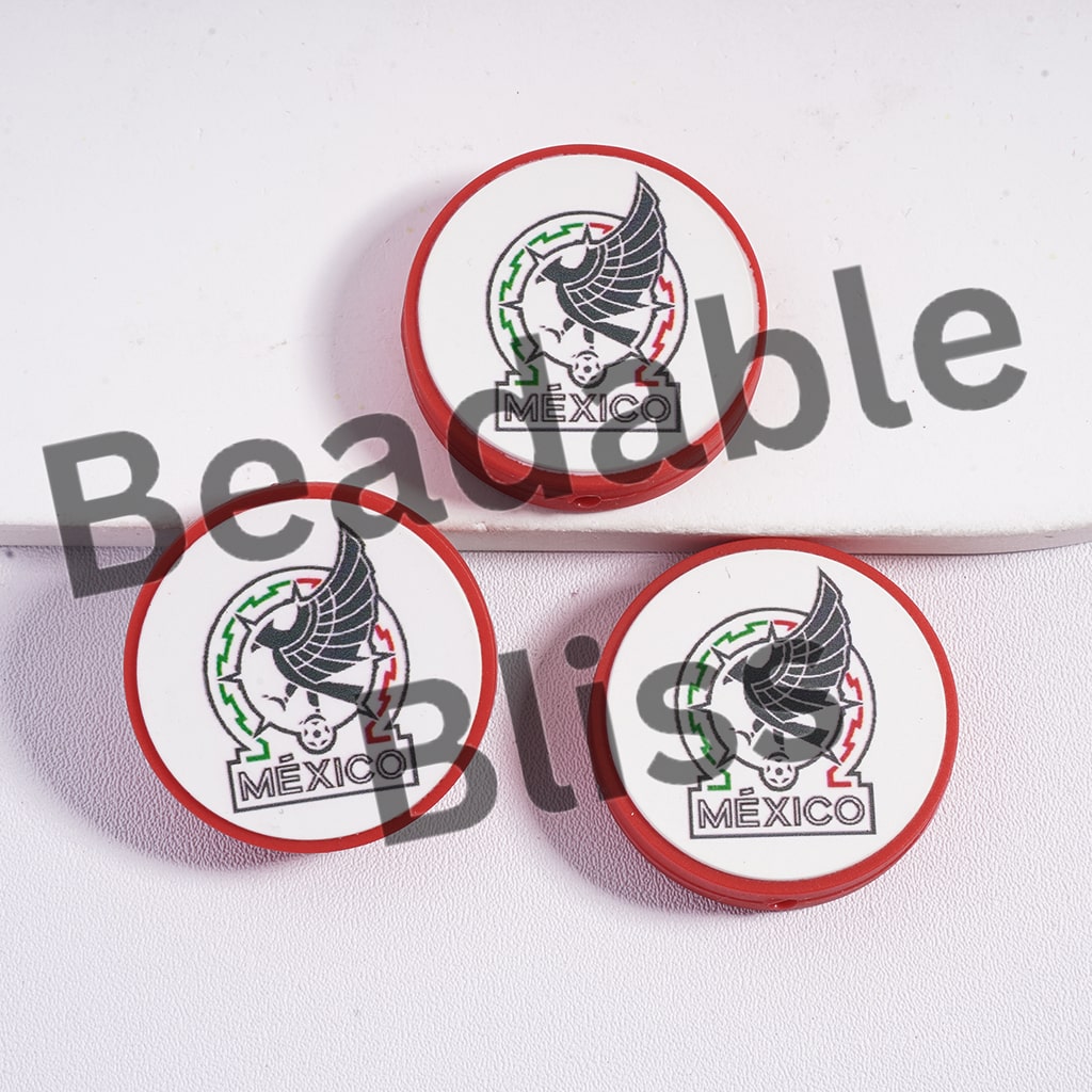 Silicone Focal Beads Mexico Football Soccer Team, Flat Round Shape