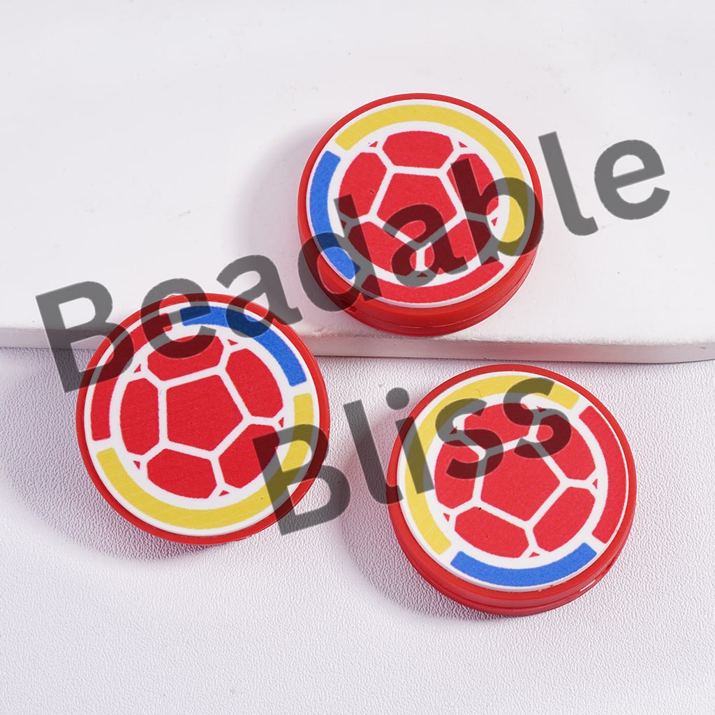 Silicone Focal Beads Colombia Football Soccer Team, Flat Round Shape