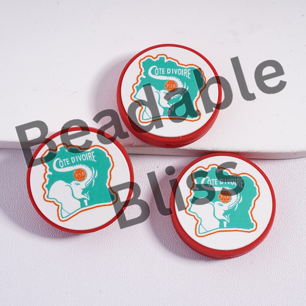 Silicone Focal Beads Ivory Coast Football Soccer Team, Flat Round Shape