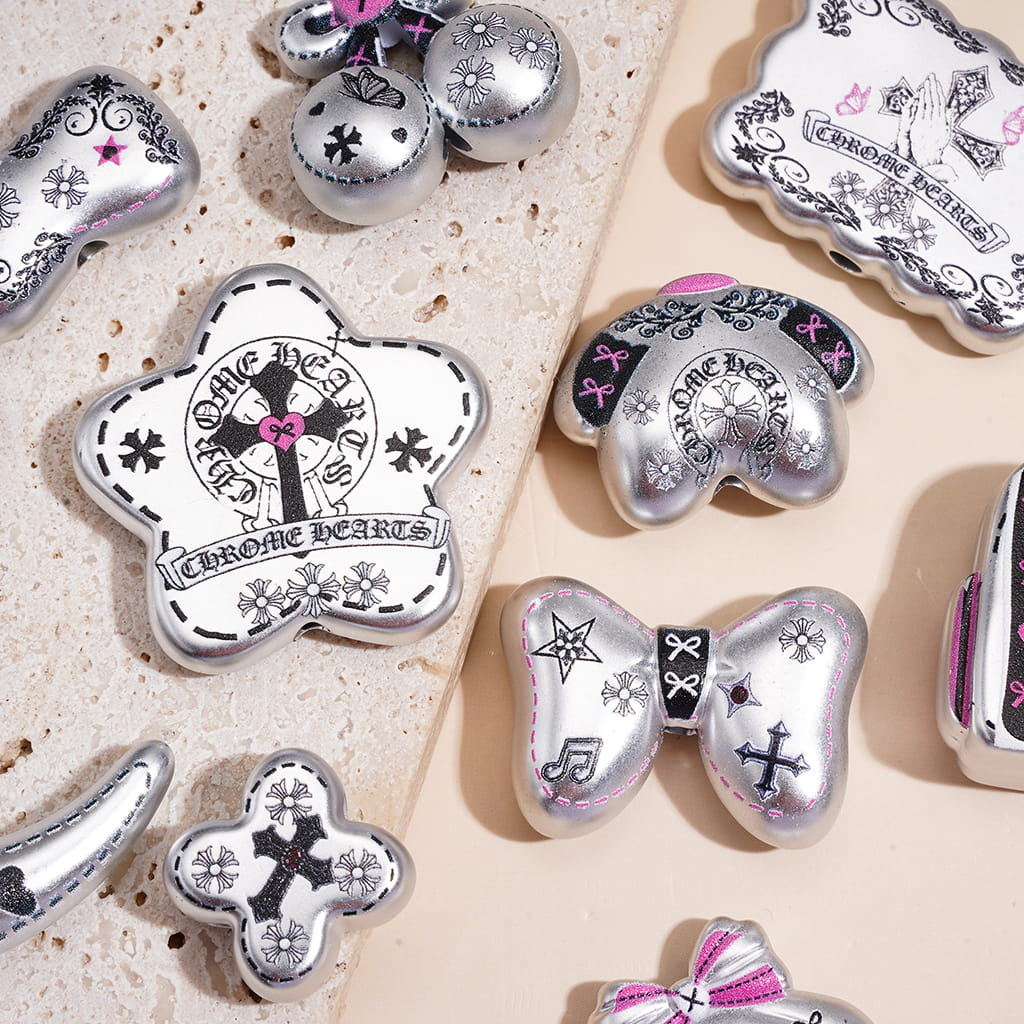 Acrylic Charms Pendants w Gothic Cross & Bow Series, Silver Metallic Finish, Black & Pink Theme, Random Mix