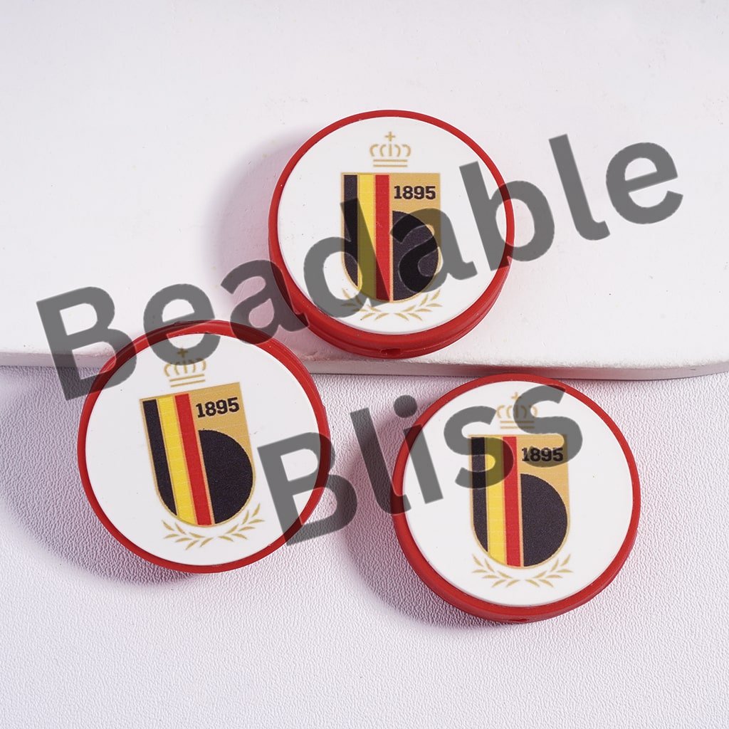 Silicone Focal Beads Belgium Football Soccer Team, Flat Round Shape