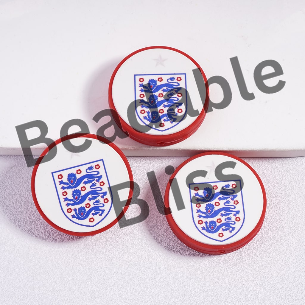 Silicone Focal Beads England Football Soccer Team, Flat Round Shape