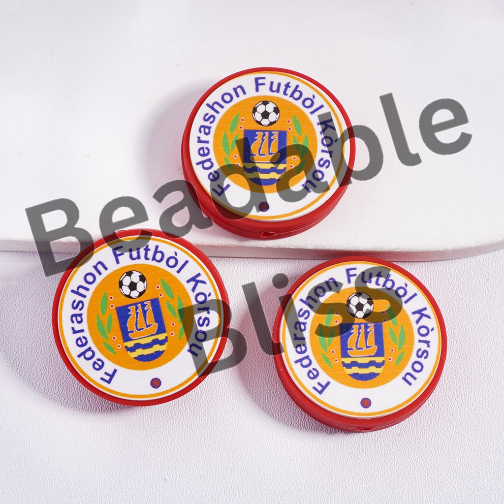 Silicone Focal Beads Curaçao Football Soccer Team, Flat Round Shape